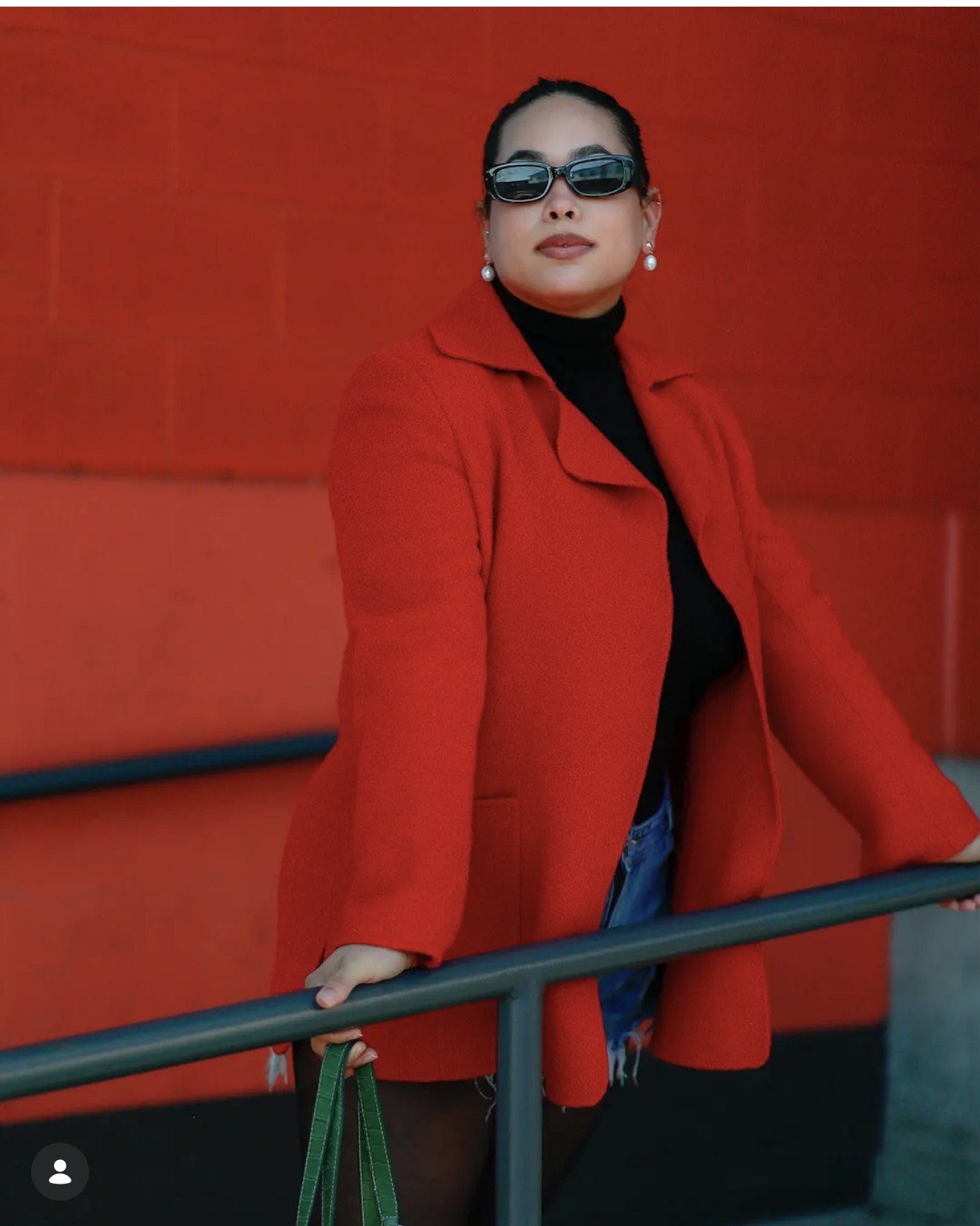 Editorial portrait in red. Shots by Go